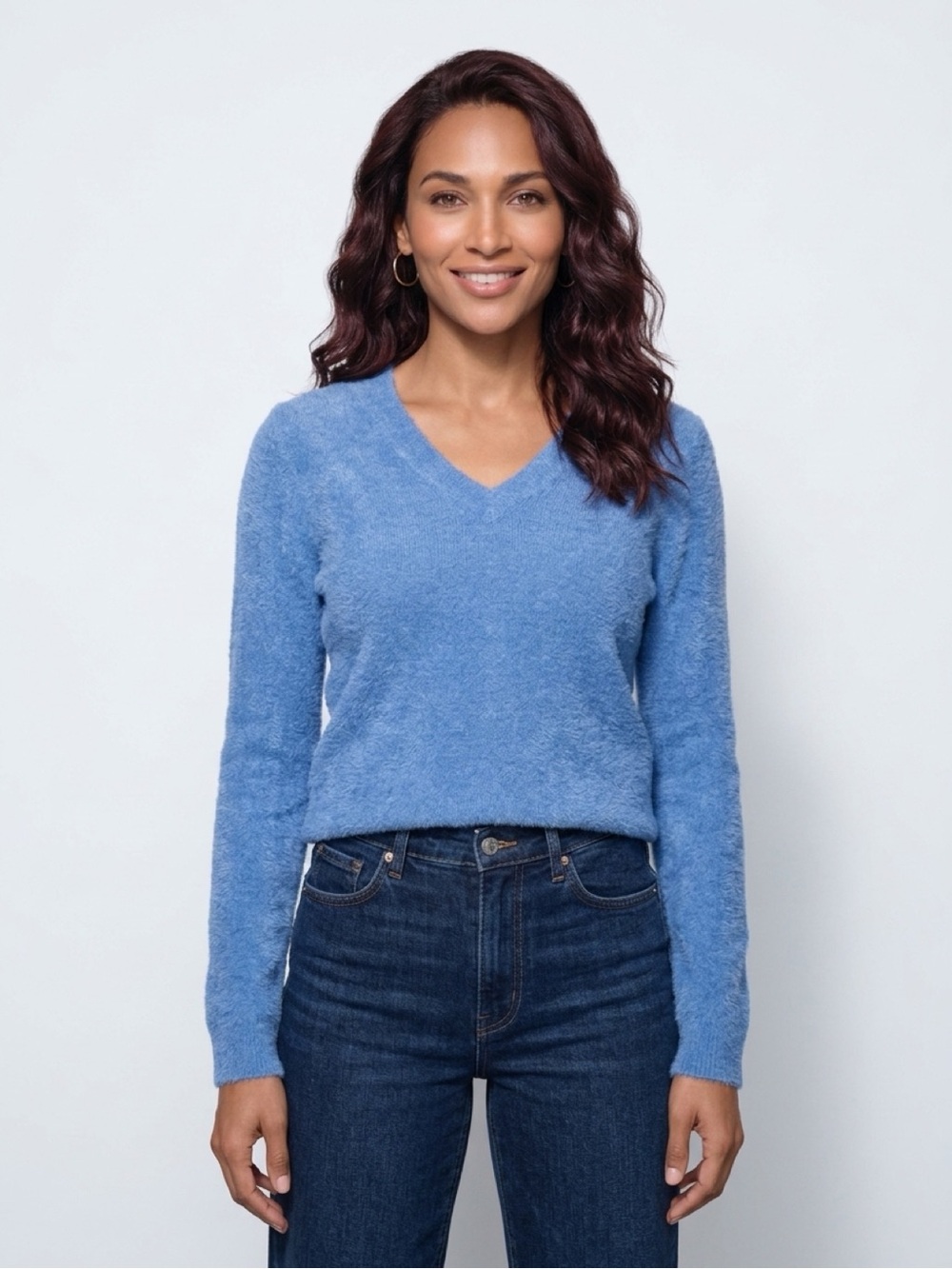 EVIE Sky Blue V-Neck Fuzzy Knit Sweater